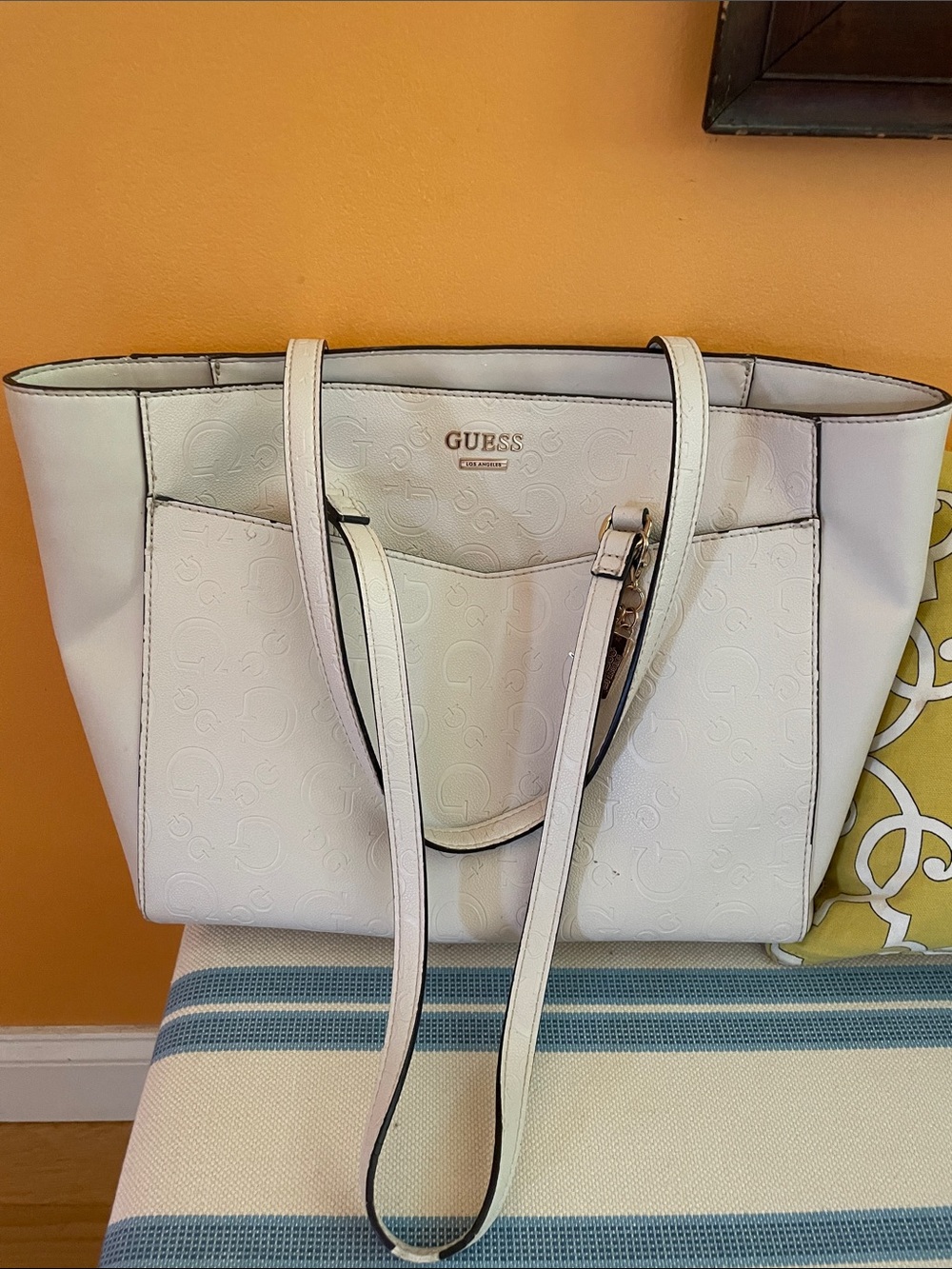 GUESS Cream Embossed Logo Tote with Dual Straps